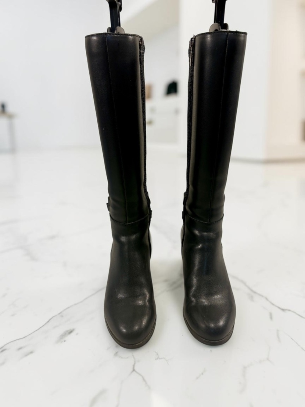 Blondo Zana Waterproof Tall Boots Black Leather Knit Stretch Block Heel Size 8M